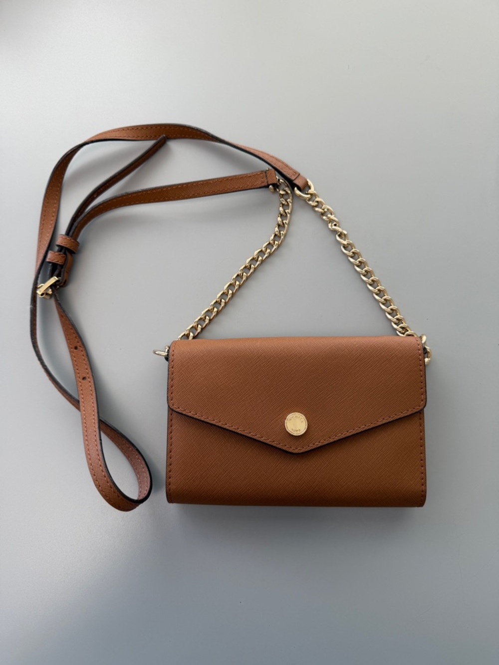 Michael Kors Leather Crossbody Wallet in Brown with Gold Chain